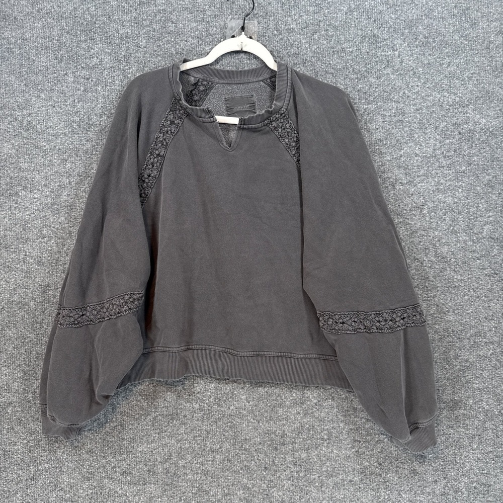 Aerie Sweatshirt Women Large Gray Crochet Lace Trim Boho Pullover Oversized